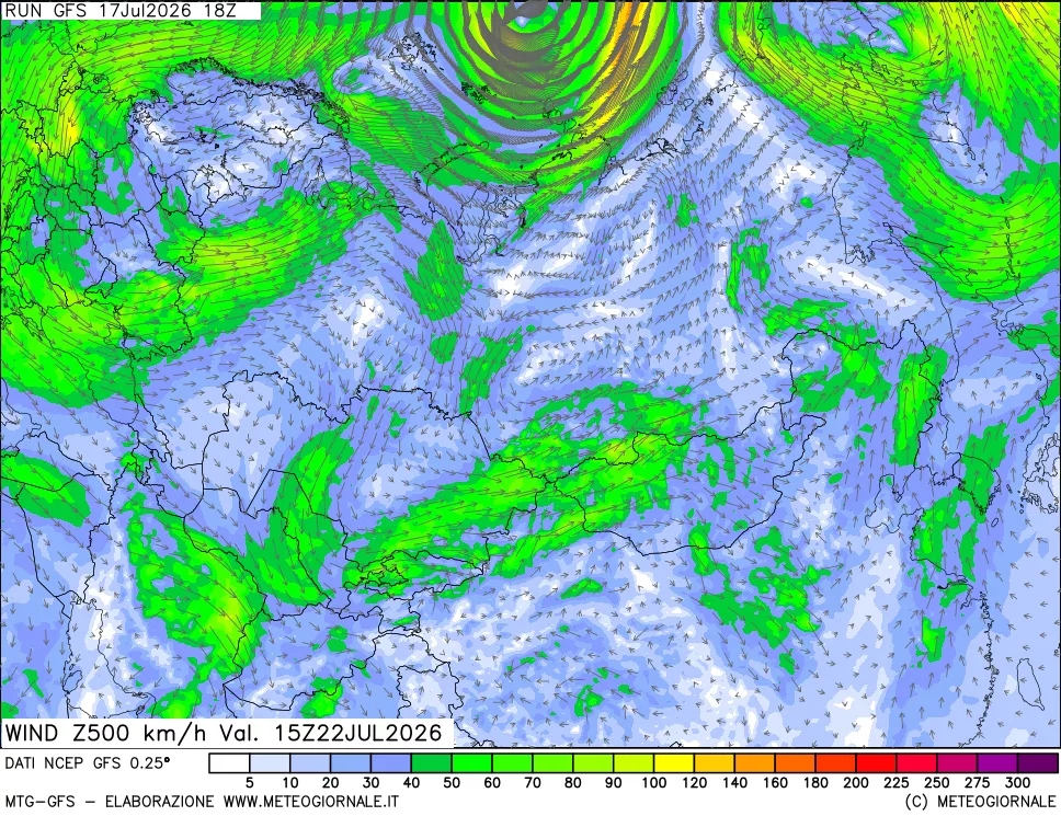 mappa 500 hPa Vento forza e direzione