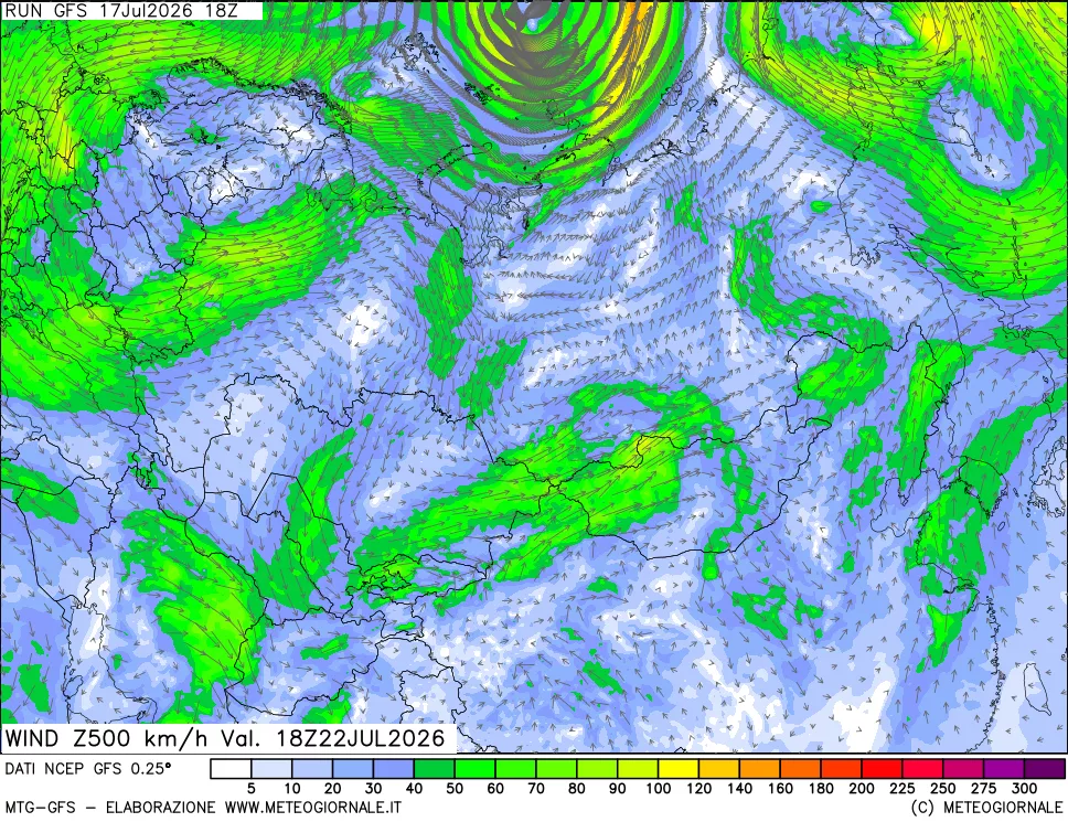 mappa 500 hPa Vento forza e direzione