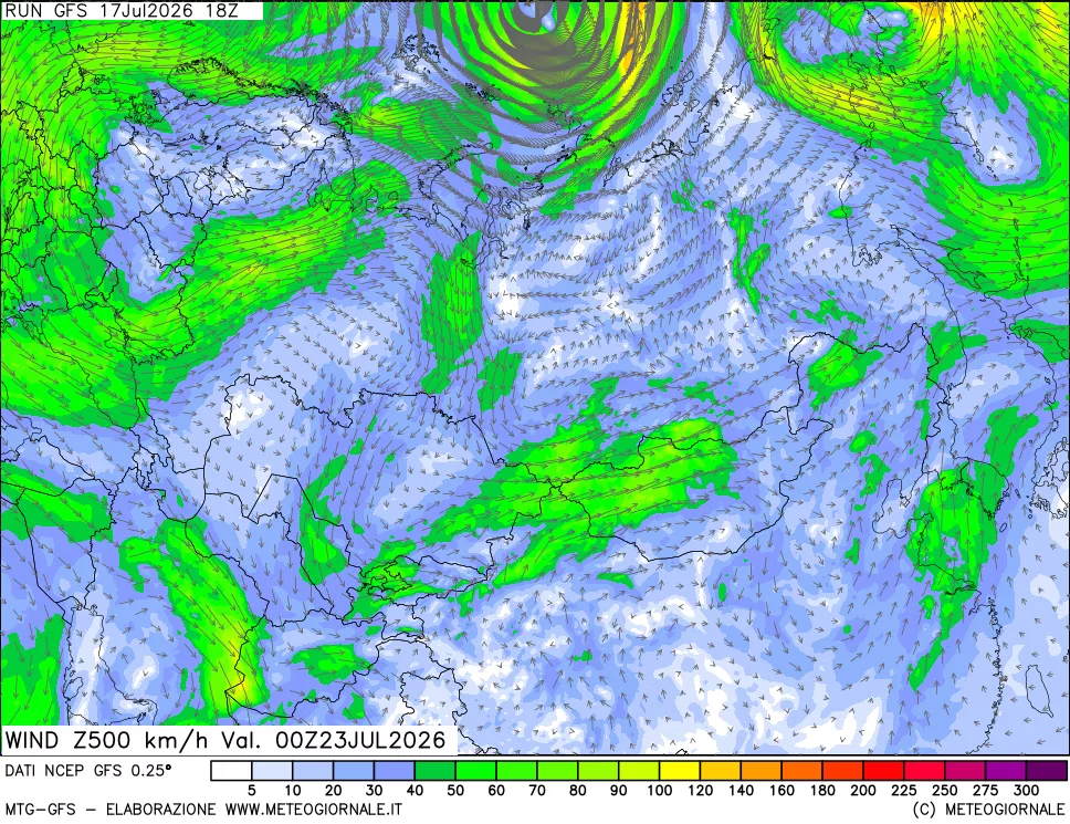 mappa 500 hPa Vento forza e direzione