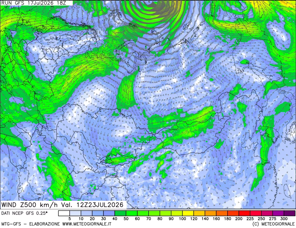 mappa 500 hPa Vento forza e direzione