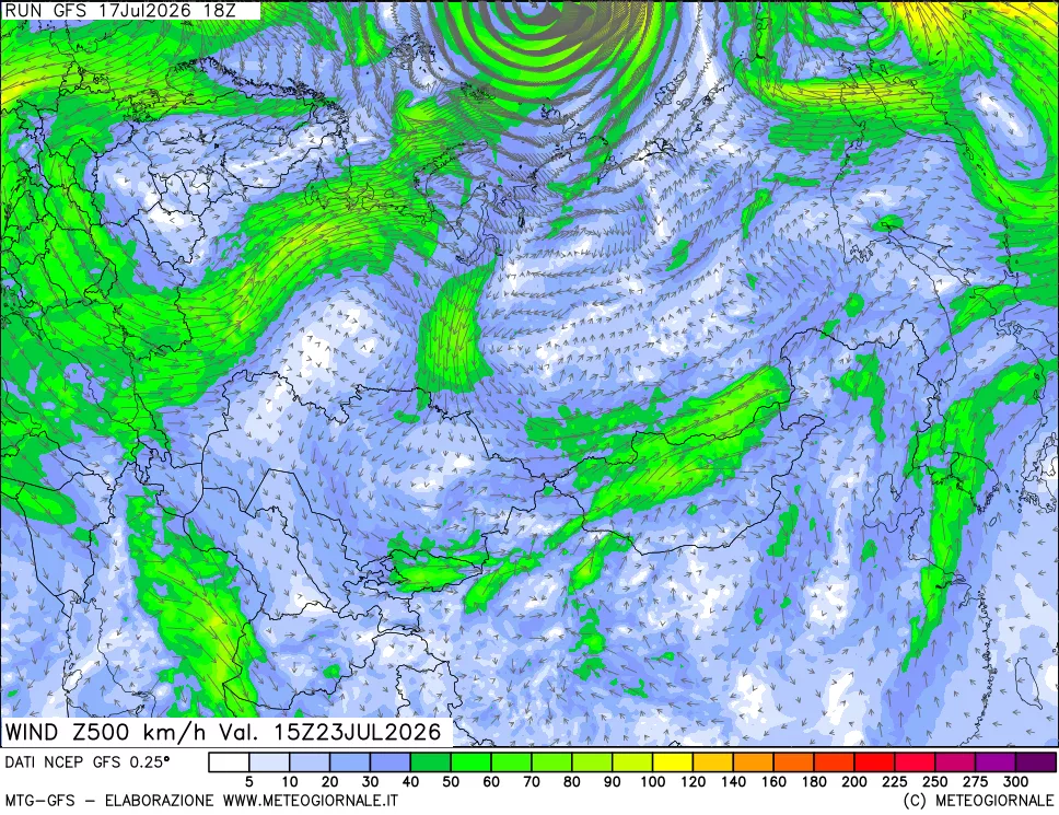 mappa 500 hPa Vento forza e direzione