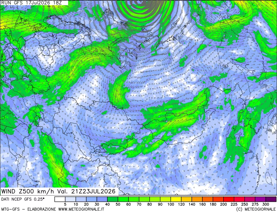 mappa 500 hPa Vento forza e direzione
