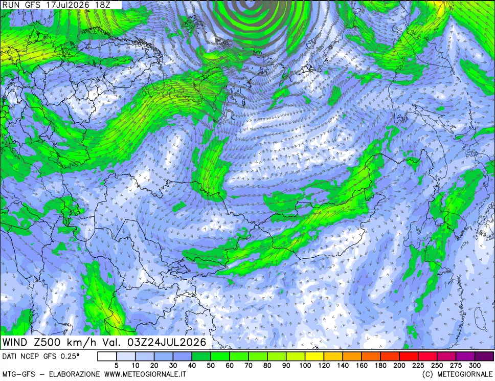 mappa 500 hPa Vento forza e direzione