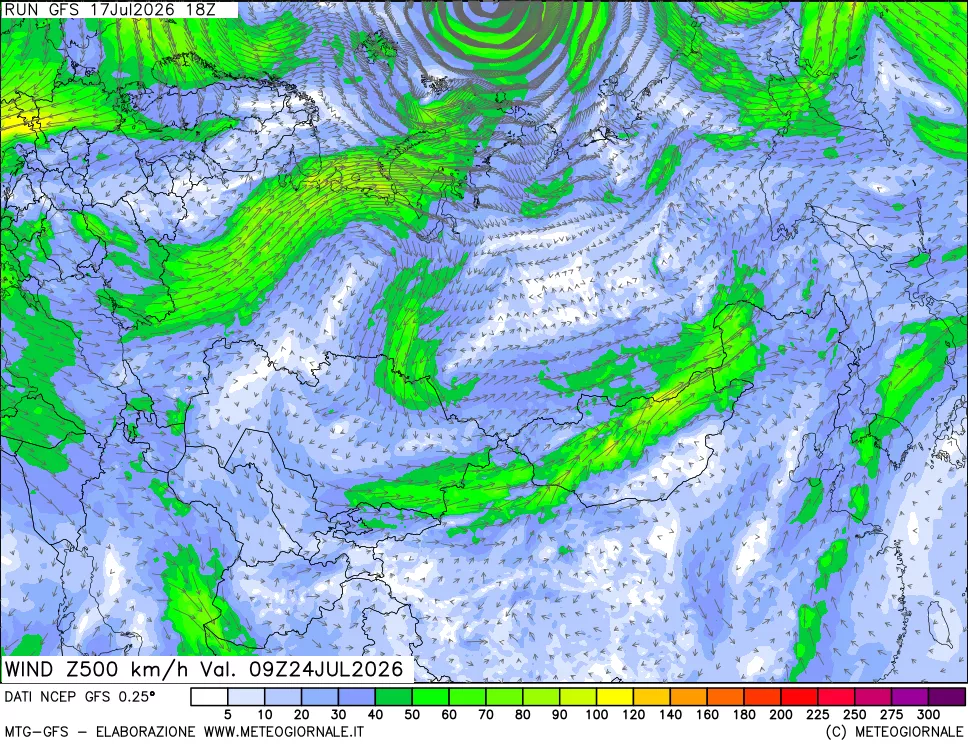 mappa 500 hPa Vento forza e direzione