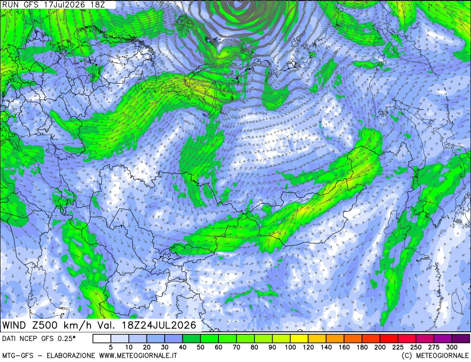 mappa 500 hPa Vento forza e direzione