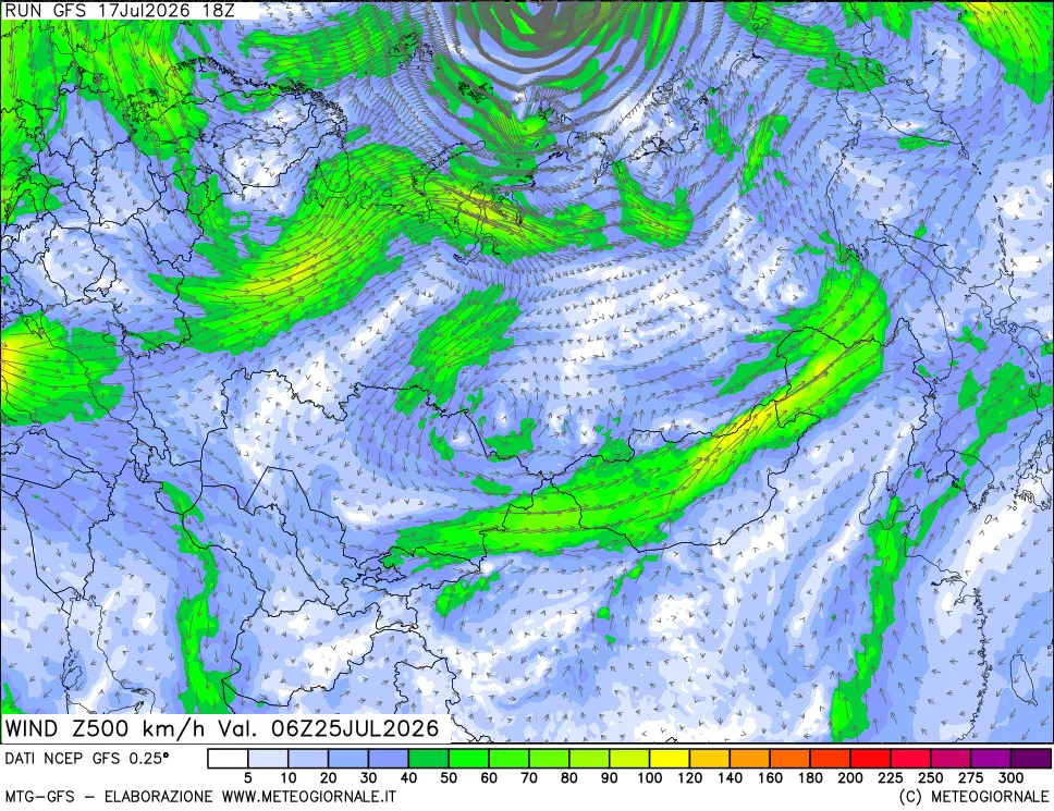 mappa 500 hPa Vento forza e direzione