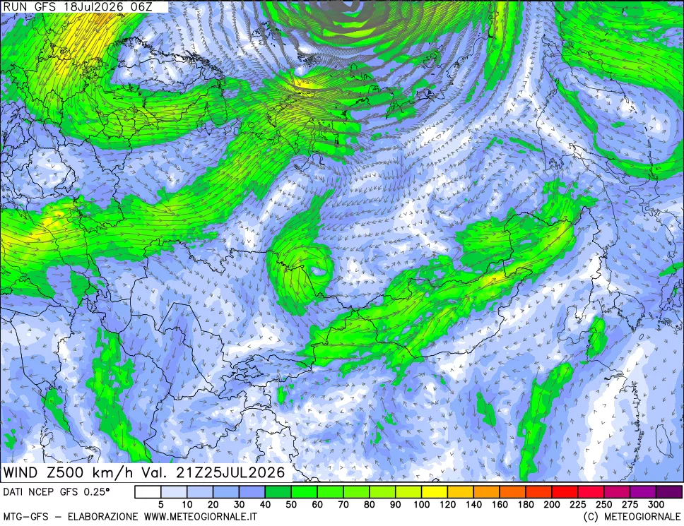 mappa 500 hPa Vento forza e direzione