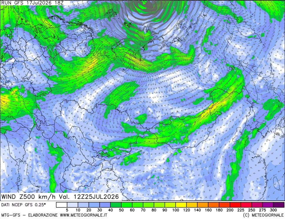 mappa 500 hPa Vento forza e direzione