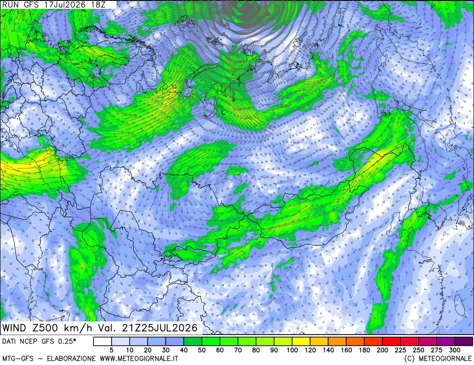 mappa 500 hPa Vento forza e direzione