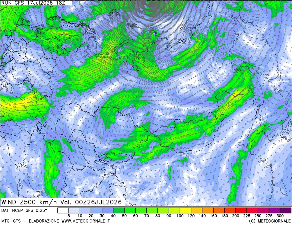 mappa 500 hPa Vento forza e direzione