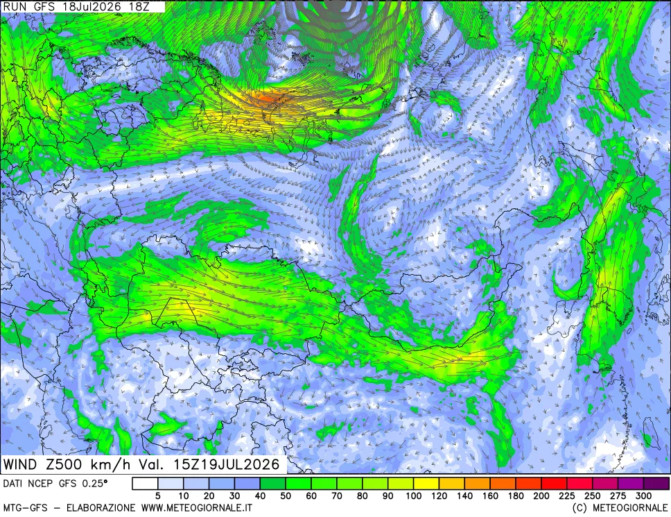 mappa 500 hPa Vento forza e direzione