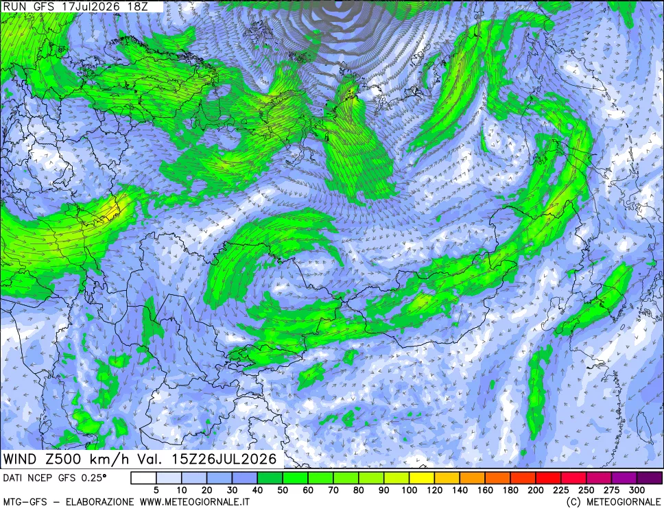 mappa 500 hPa Vento forza e direzione