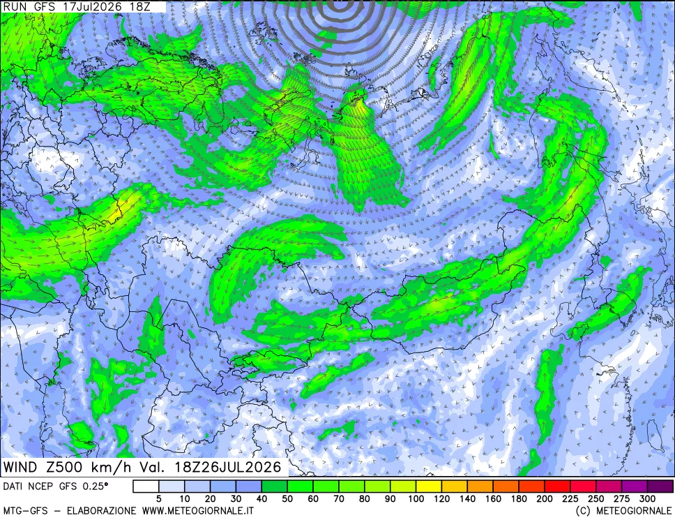 mappa 500 hPa Vento forza e direzione