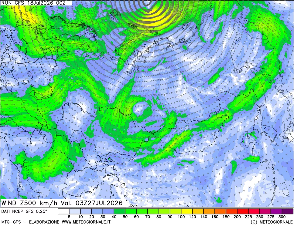 mappa 500 hPa Vento forza e direzione