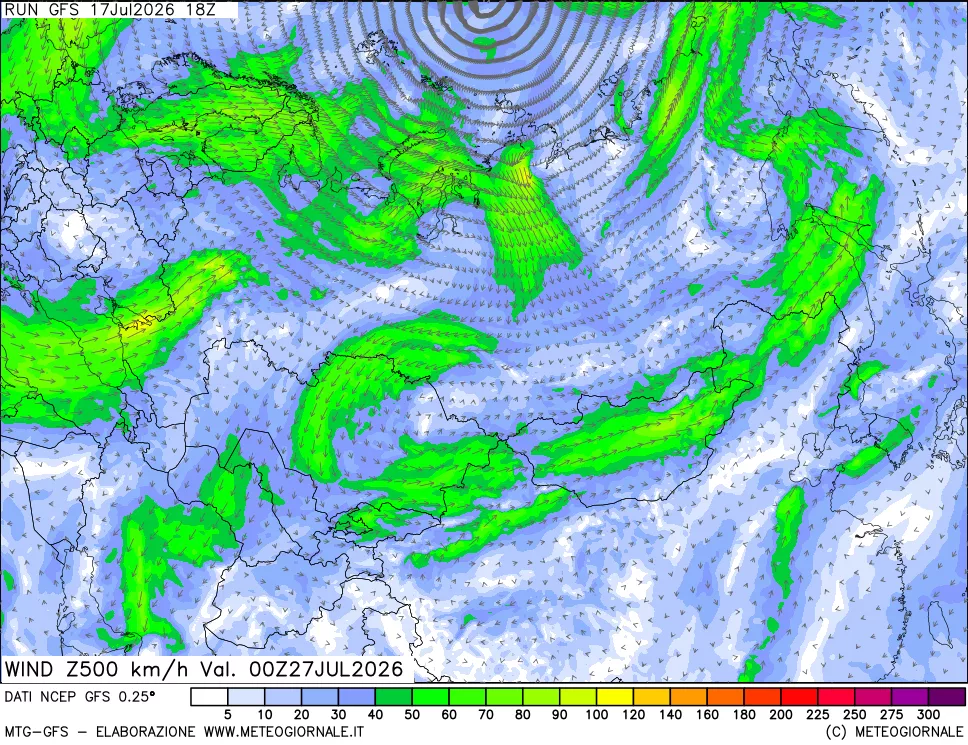 mappa 500 hPa Vento forza e direzione