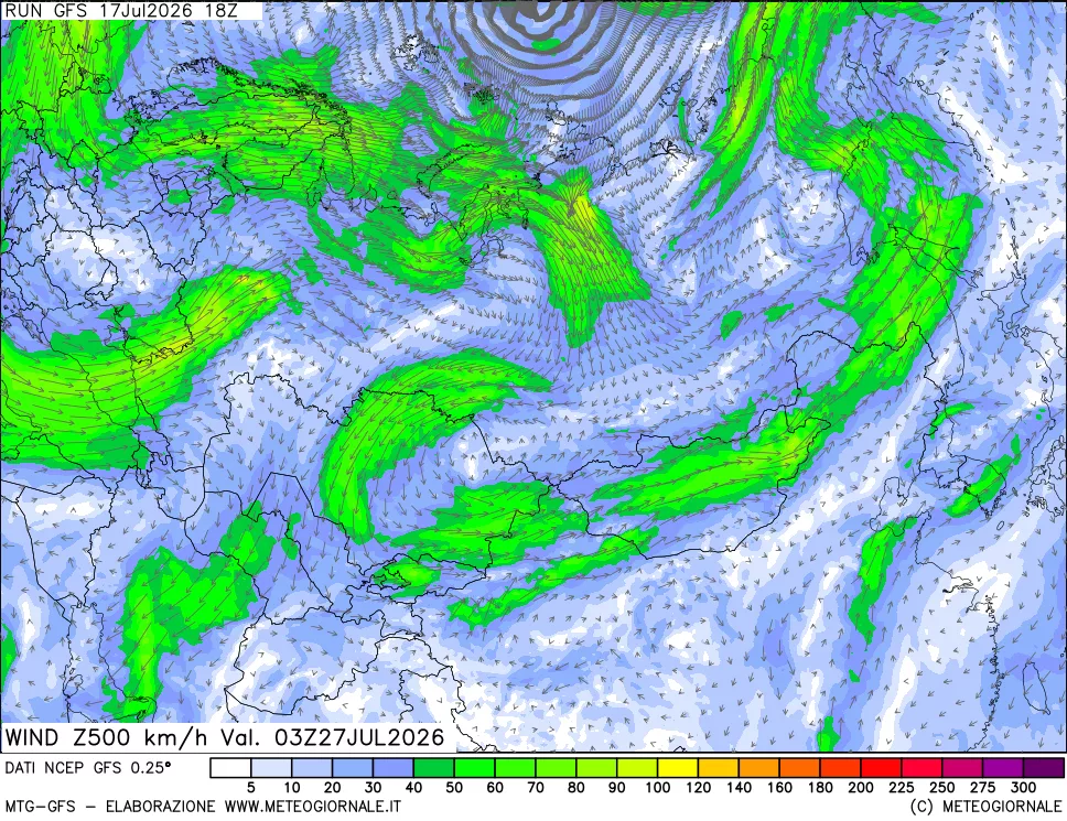 mappa 500 hPa Vento forza e direzione