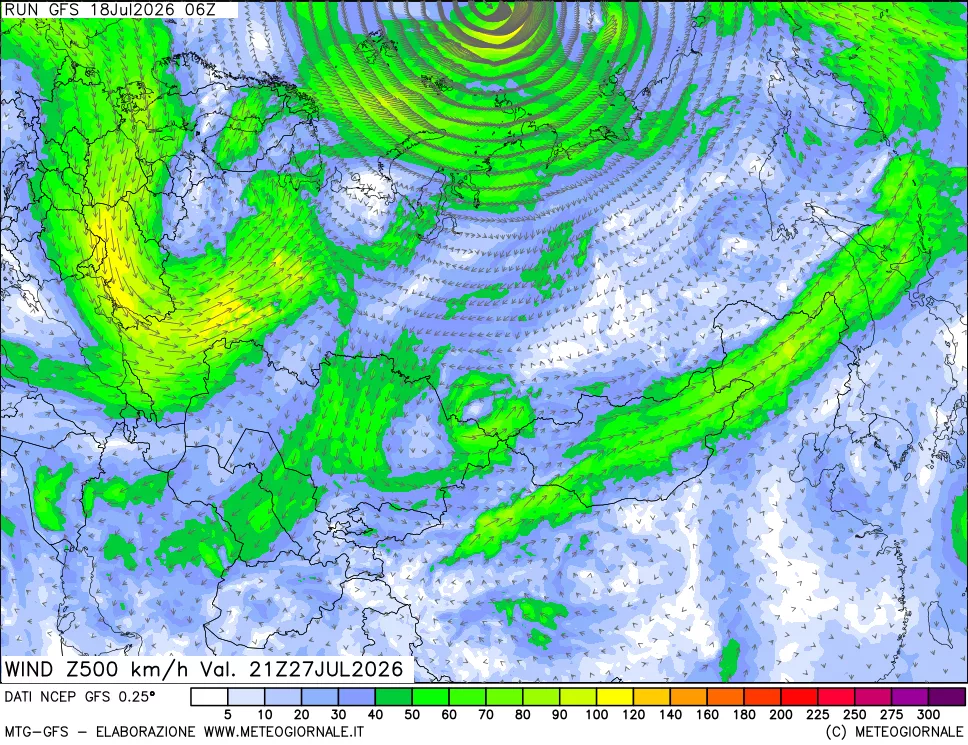 mappa 500 hPa Vento forza e direzione