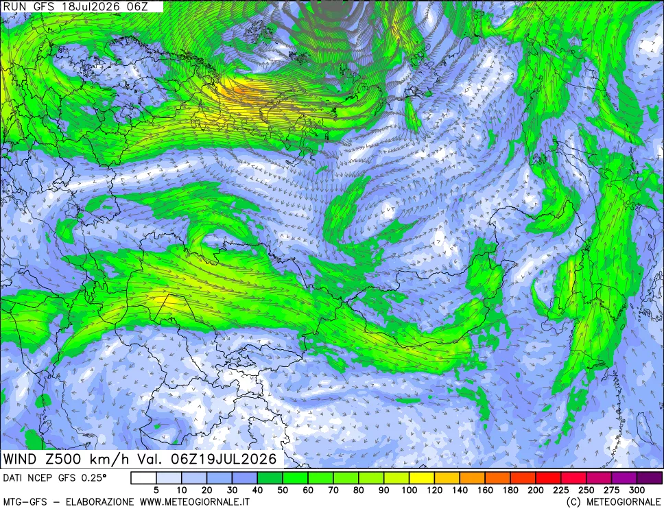 mappa 500 hPa Vento forza e direzione