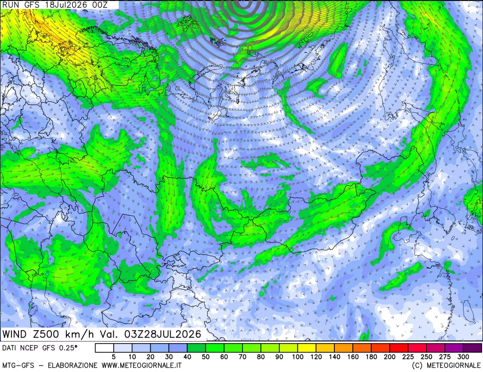 mappa 500 hPa Vento forza e direzione