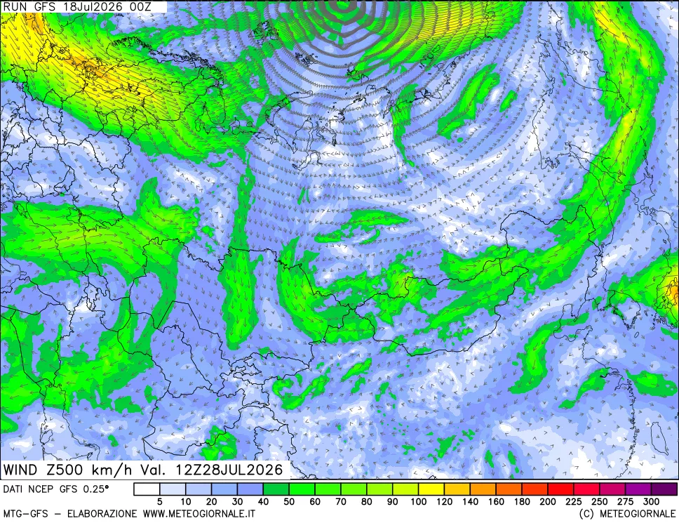 mappa 500 hPa Vento forza e direzione