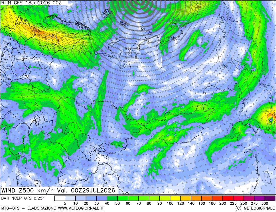 mappa 500 hPa Vento forza e direzione