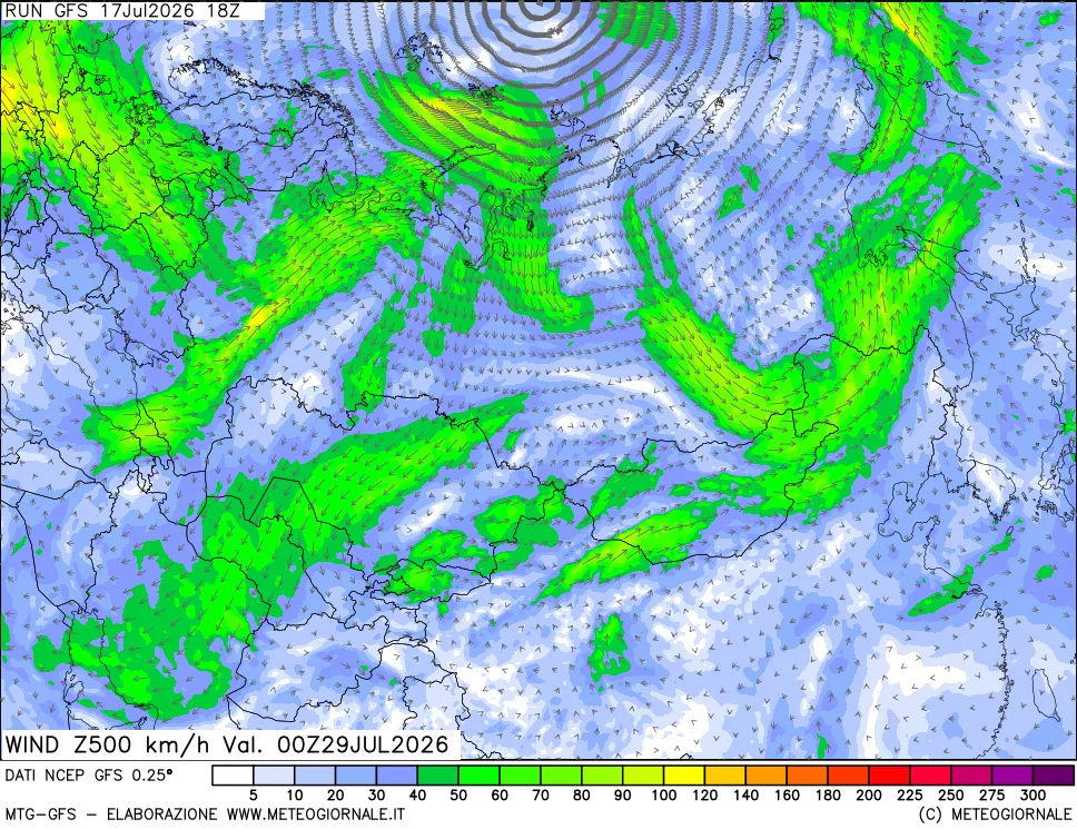 mappa 500 hPa Vento forza e direzione