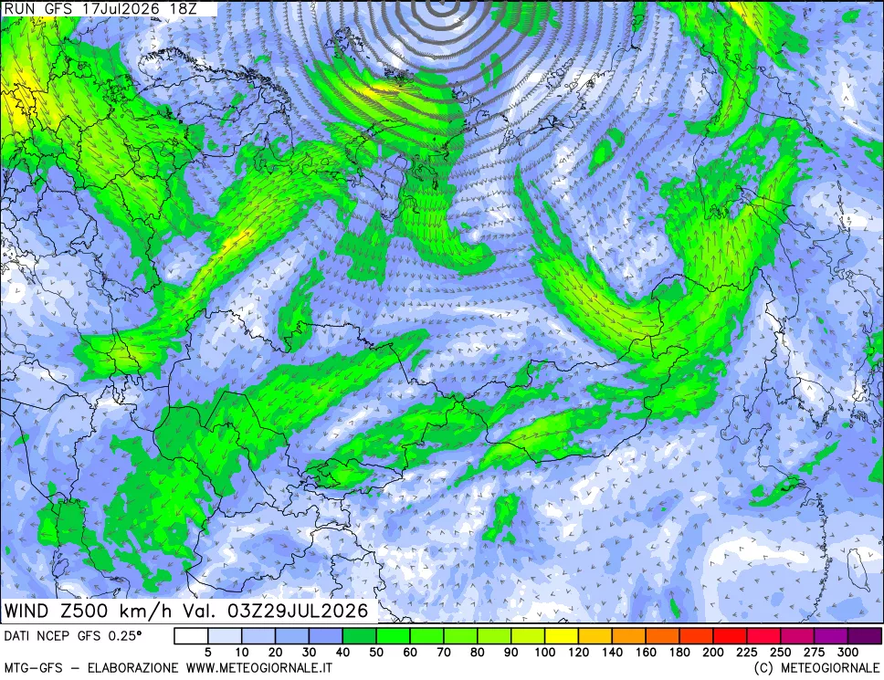 mappa 500 hPa Vento forza e direzione