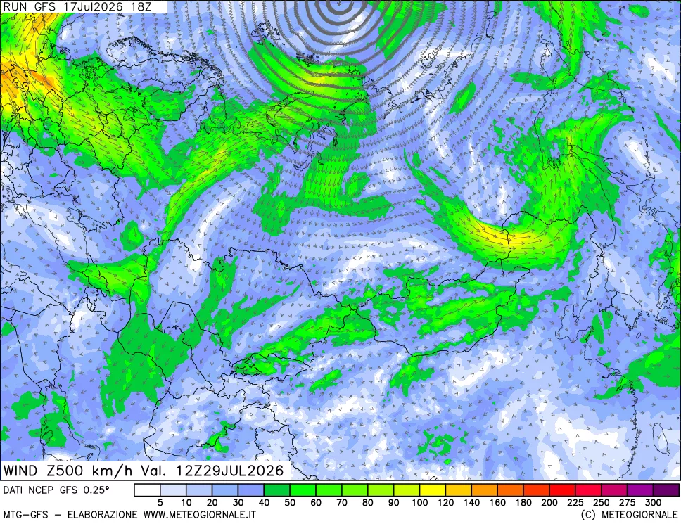 mappa 500 hPa Vento forza e direzione