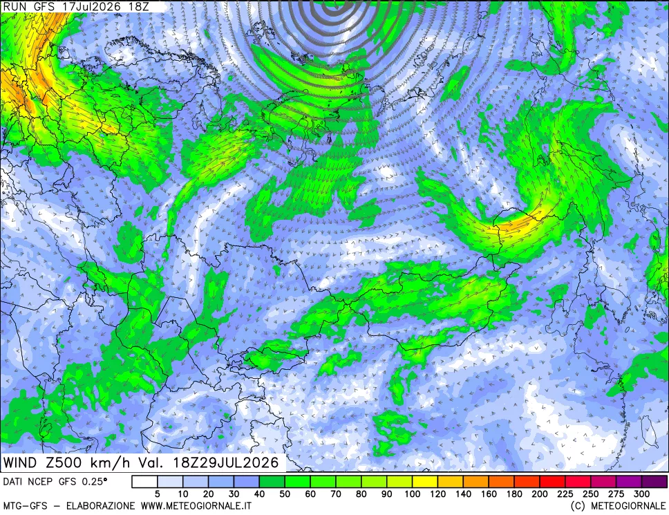 mappa 500 hPa Vento forza e direzione
