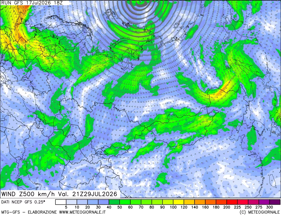 mappa 500 hPa Vento forza e direzione