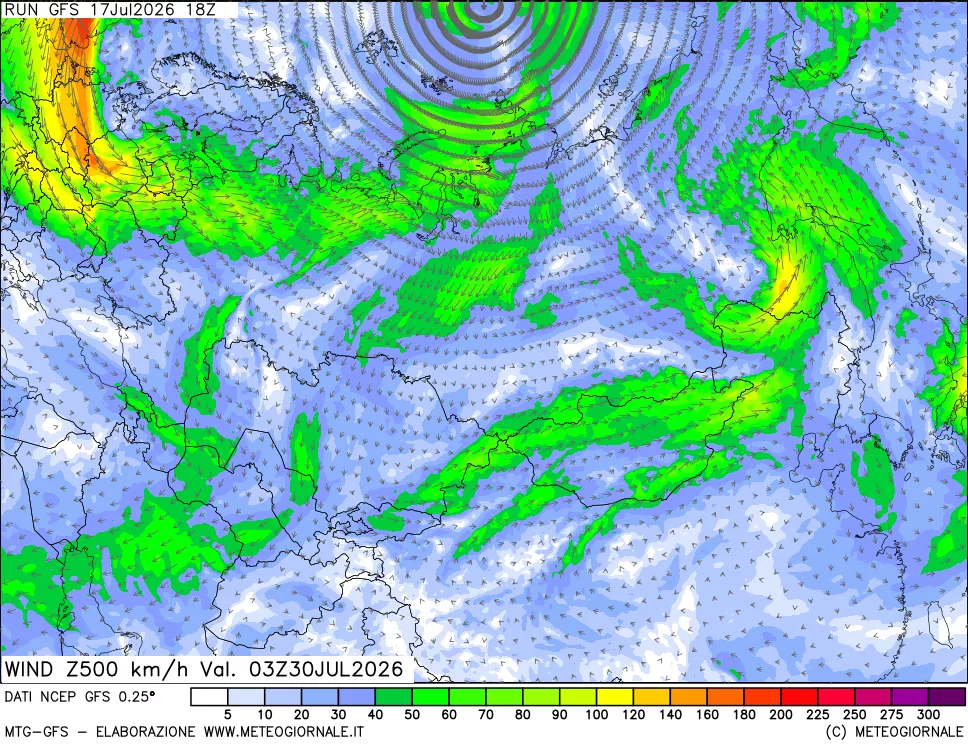 mappa 500 hPa Vento forza e direzione