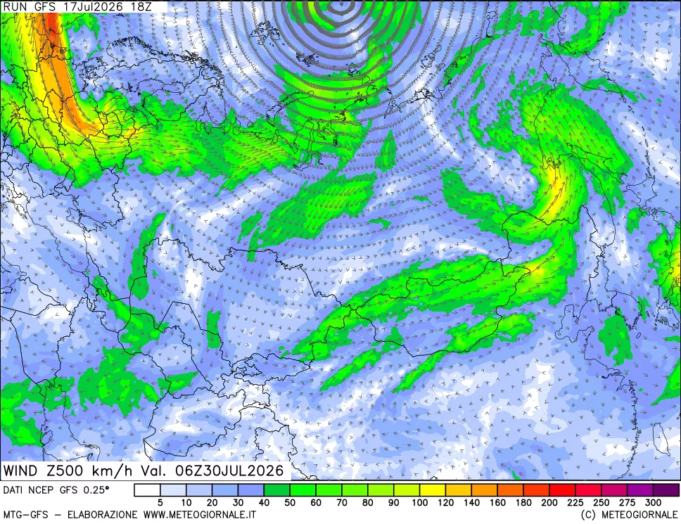 mappa 500 hPa Vento forza e direzione