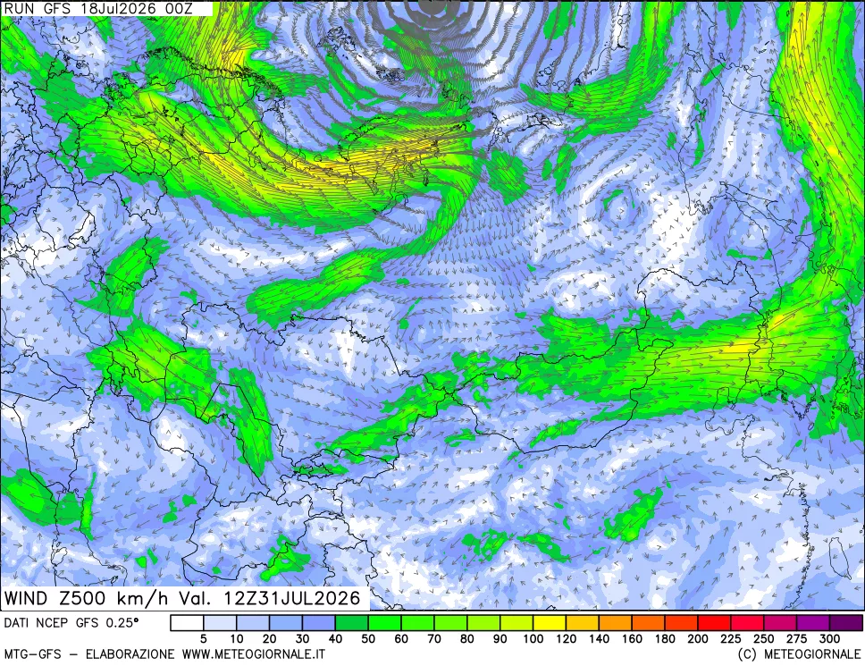 mappa 500 hPa Vento forza e direzione