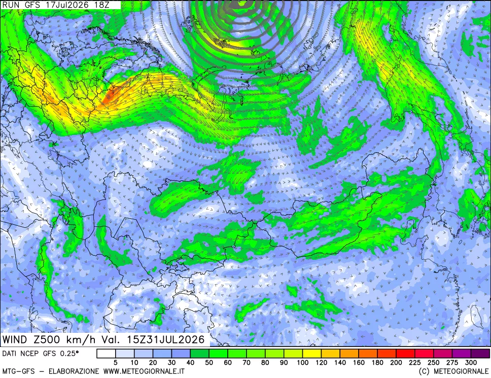 mappa 500 hPa Vento forza e direzione