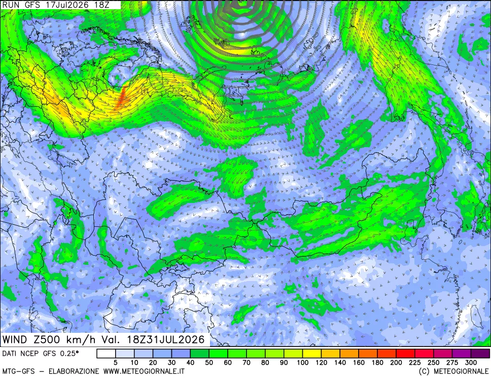 mappa 500 hPa Vento forza e direzione