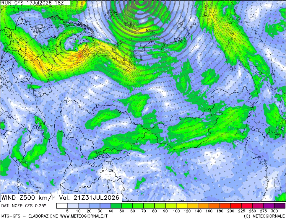 mappa 500 hPa Vento forza e direzione