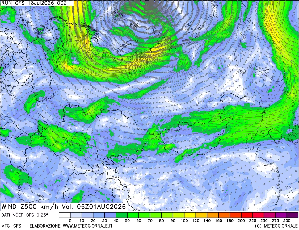 mappa 500 hPa Vento forza e direzione