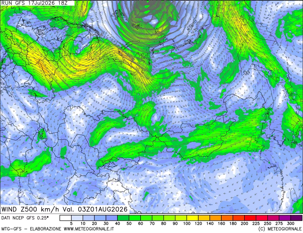 mappa 500 hPa Vento forza e direzione