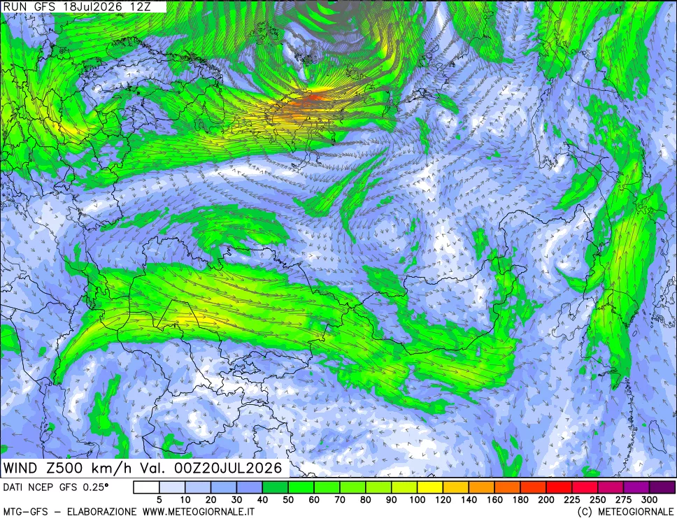mappa 500 hPa Vento forza e direzione