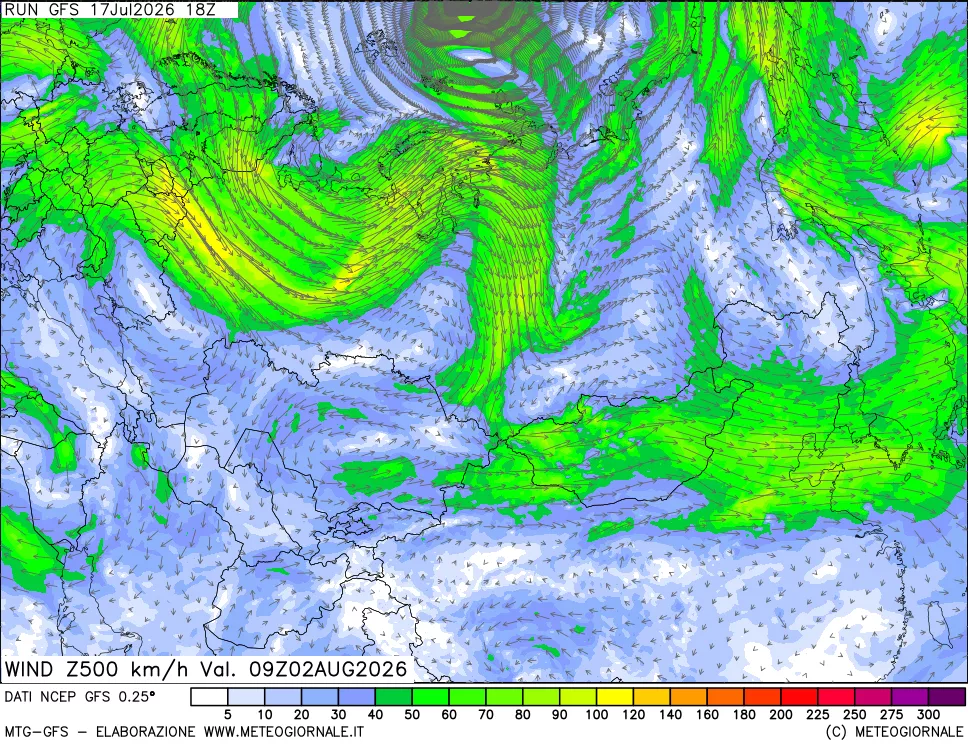 mappa 500 hPa Vento forza e direzione