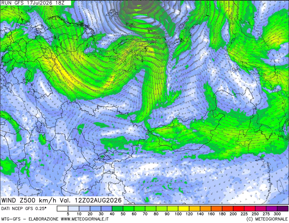 mappa 500 hPa Vento forza e direzione