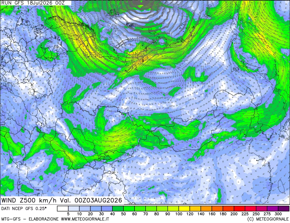 mappa 500 hPa Vento forza e direzione