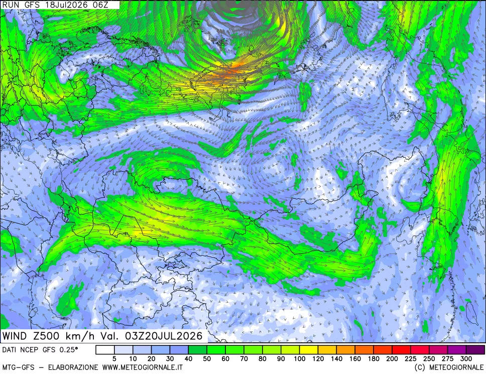 mappa 500 hPa Vento forza e direzione