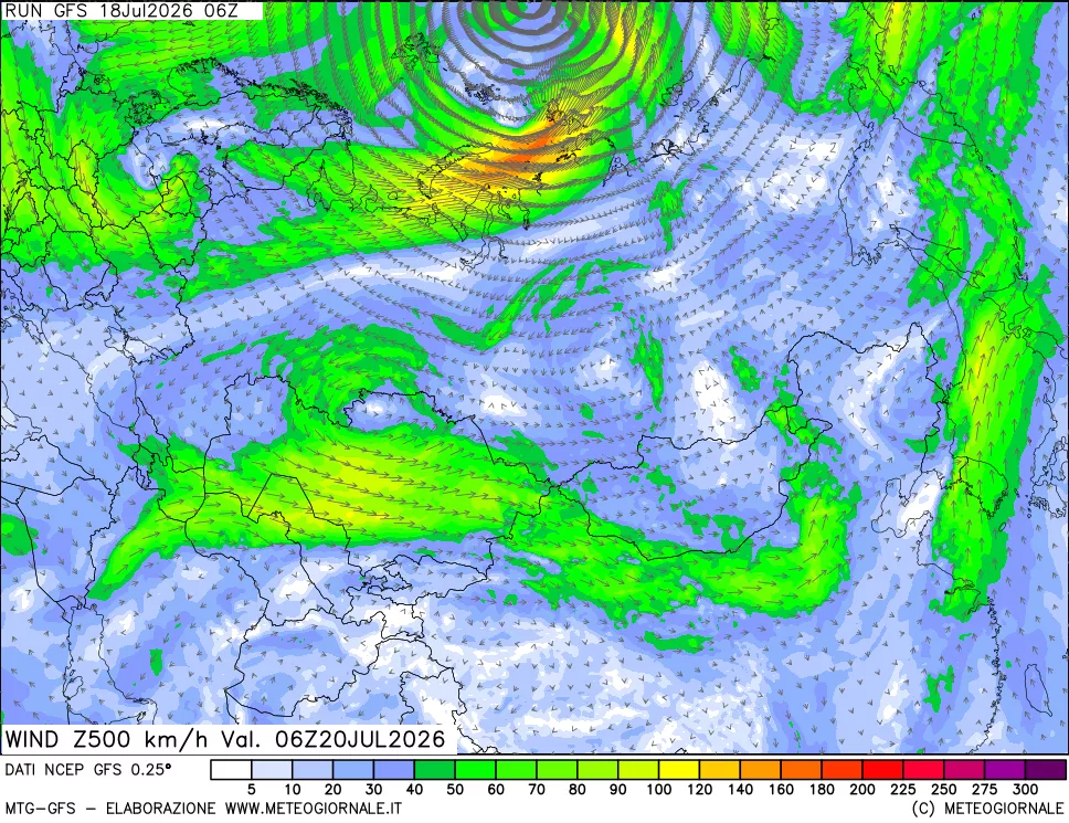 mappa 500 hPa Vento forza e direzione
