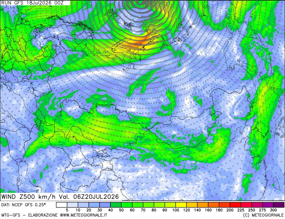 mappa 500 hPa Vento forza e direzione