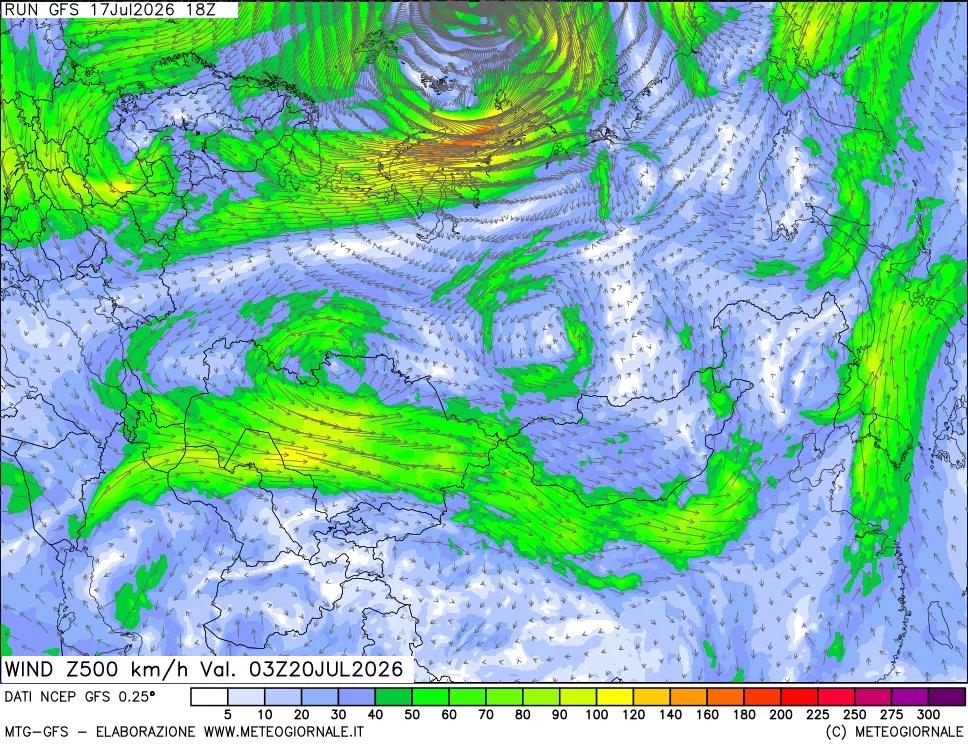 mappa 500 hPa Vento forza e direzione