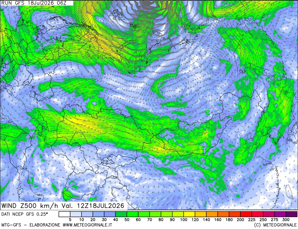 mappa 500 hPa Vento forza e direzione