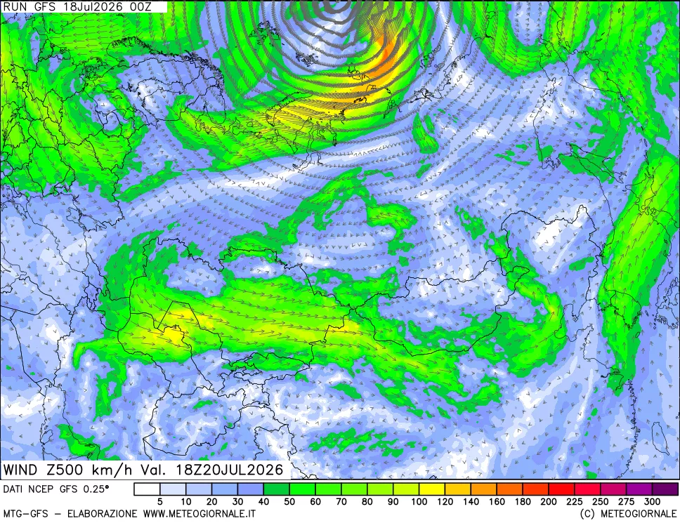 mappa 500 hPa Vento forza e direzione