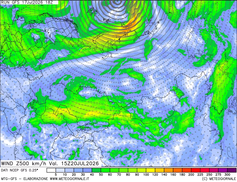 mappa 500 hPa Vento forza e direzione