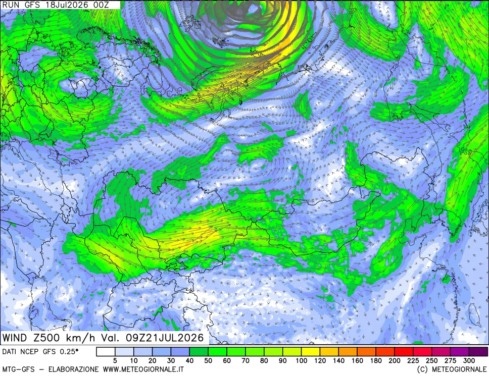 mappa 500 hPa Vento forza e direzione